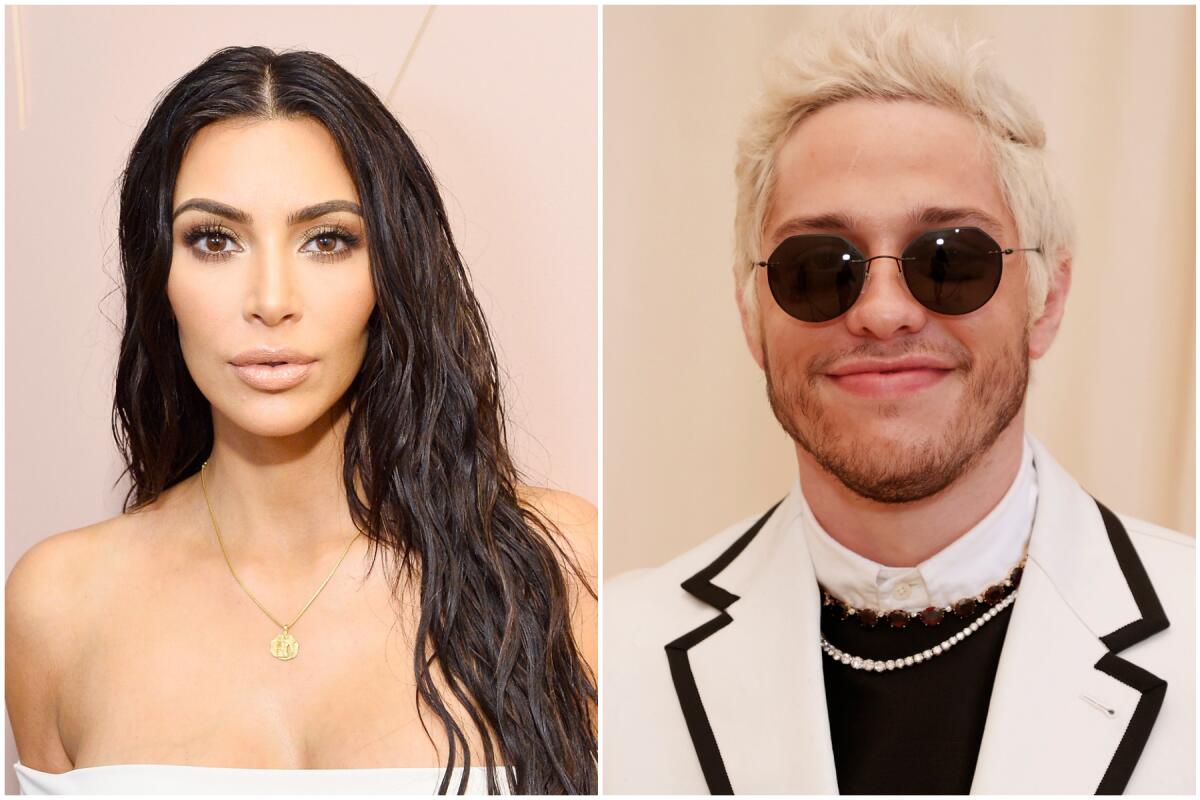 Separate photos of Kim Kardashian West and Pete Davidson posing for the camera.