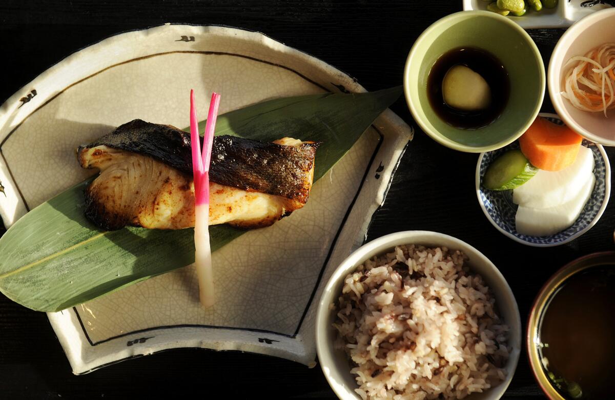 Gindara Saikyoyaki Gozen, a grilled black cod marinated in saikyo miso sauce, served with rice and miso soup at Kagura in Torrance.