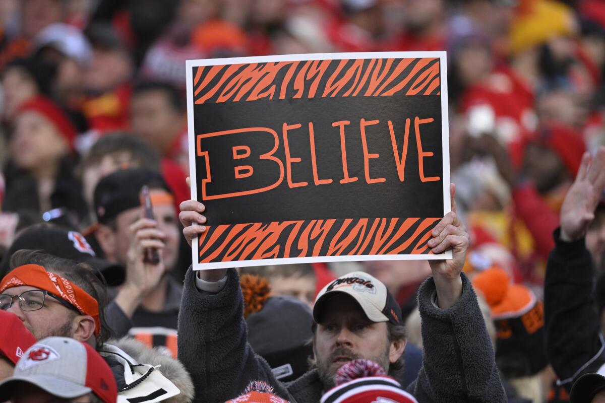 A Cincinnati Bengals fan holds a sign during a win over the Kansas City Chiefs in the AFC championship game.