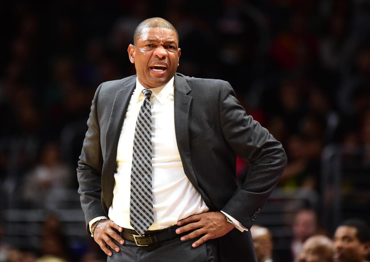 Clippers Coach Doc Rivers reacts to a call during the first half against the Portland Trail Blazers.