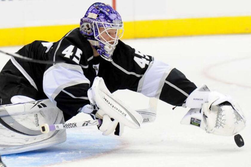 Kings goalie Jonathan Bernier makes a save against the Ducks.