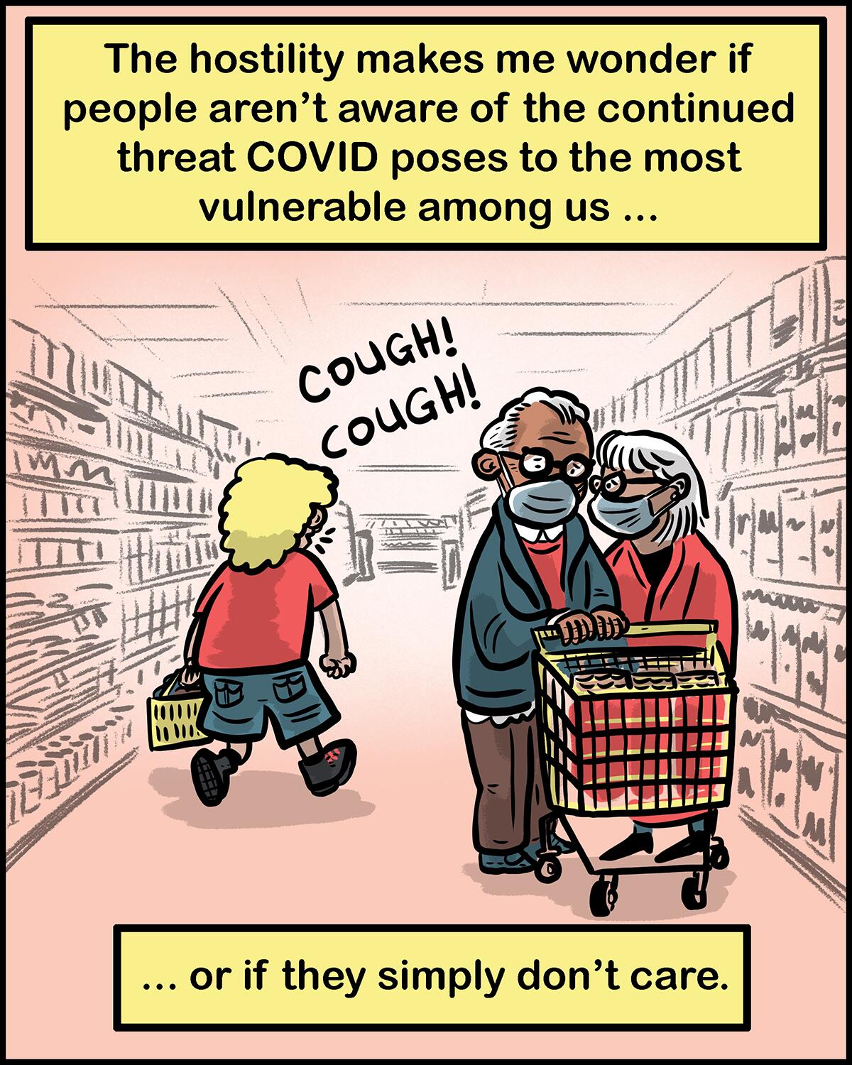 A man coughs loudly while walking past a masked elderly couple in a supermarket aisle. 