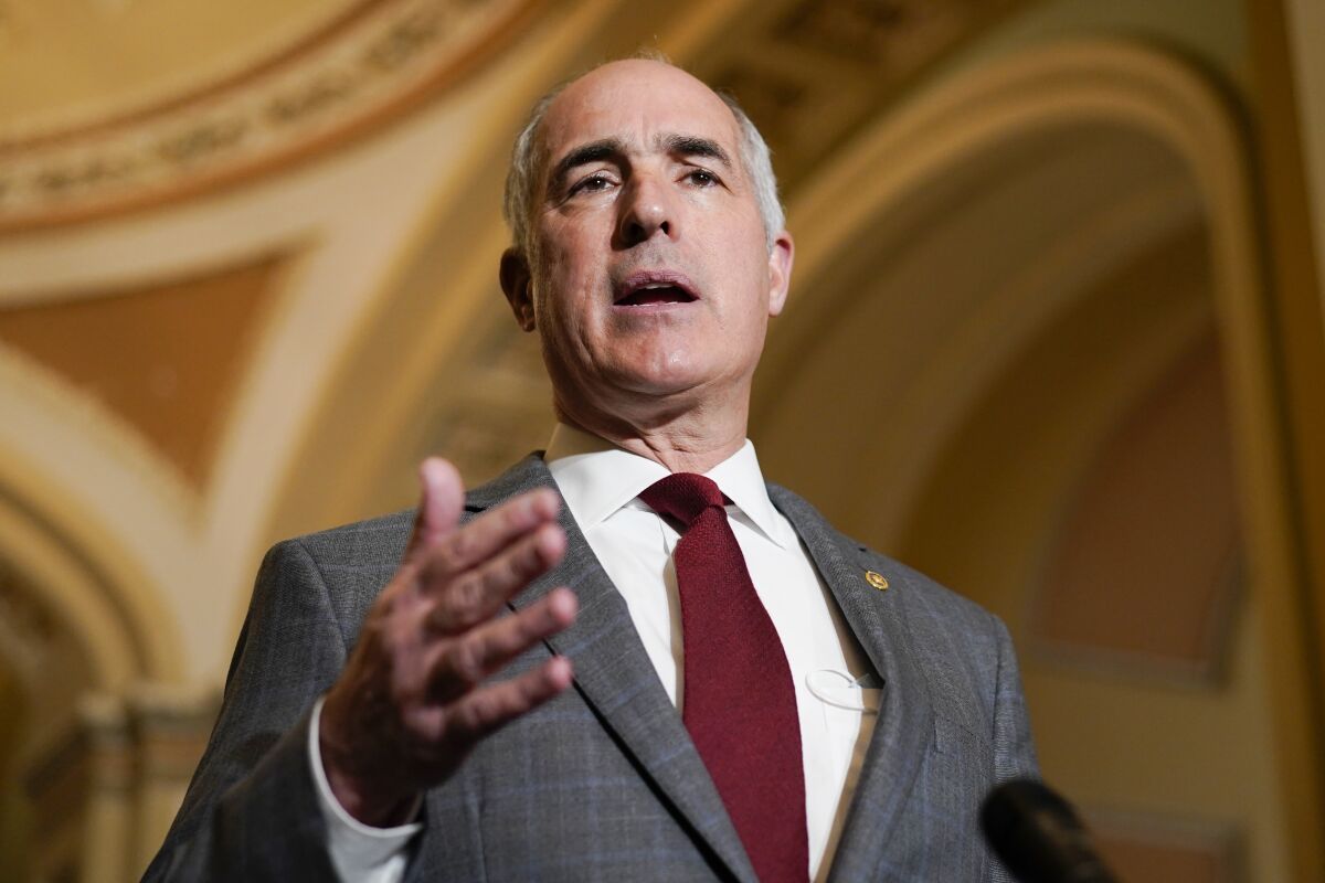 FILE - Sen. Bob Casey, D-Pa., speaks during a news conference on Capitol Hill in Washington, on Dec. 7, 2021. Casey, one of the last self-styled pro-life Democrats on Capitol Hill, said Tuesday, May 10, 2022, that he will support a bill to write abortion rights into federal law as Democrats scramble to respond to the Supreme Court’s leaked draft decision that would overturn the landmark Roe v. Wade ruling. (AP Photo/Carolyn Kaster, File)