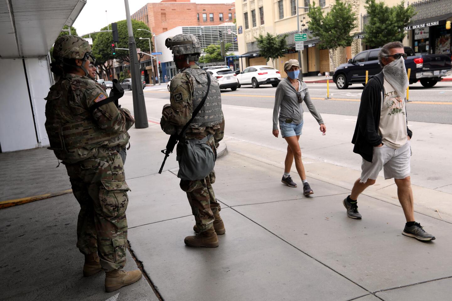 Members of the California National Guard make their presence known along 4th Street in Santa Monica.