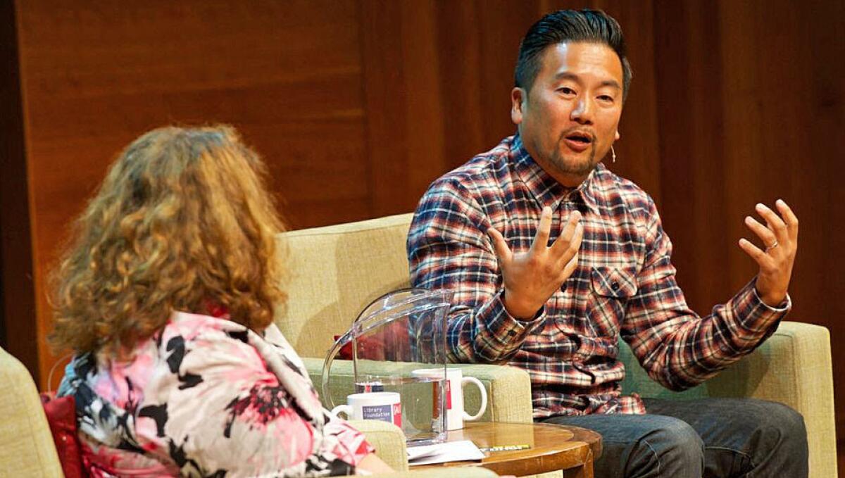 Roy Choi and Evan Kleiman at the Los Angeles Public Library's Aloud speaker series.