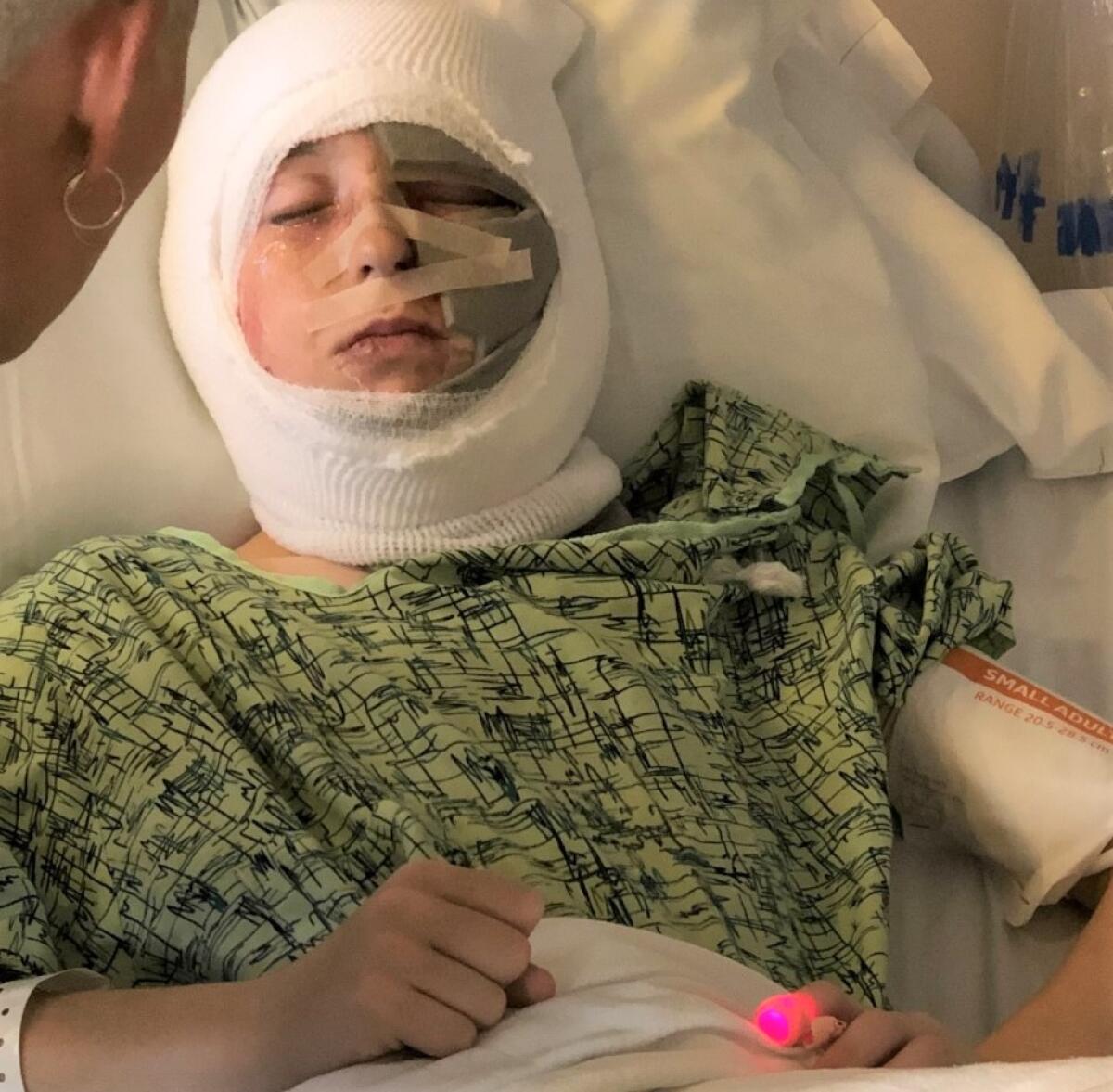 On June 13, 2019, Priest James Rivera, 13, was injured during a school science experiment. This photo was take a week later.