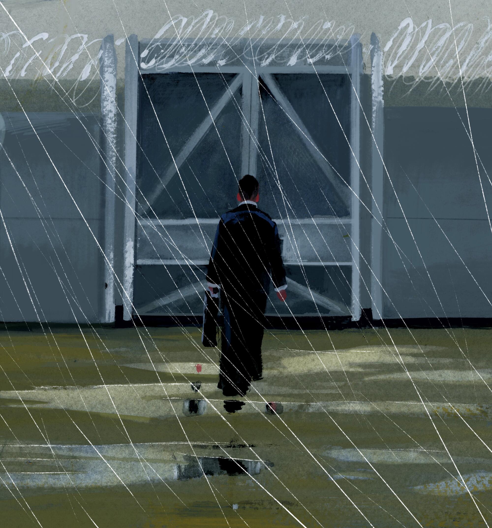 An illustration of a lawyer with a briefcase walking into prison to visit a client.