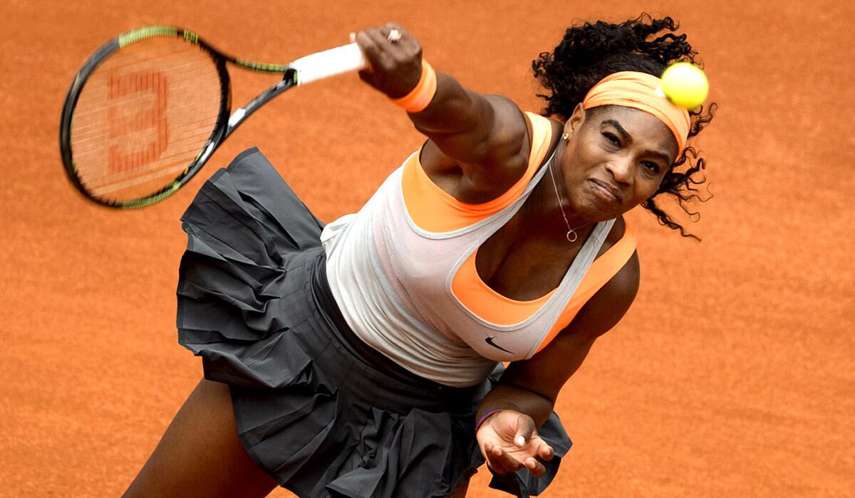 Serena Williams serves to Petra Kvitova during the women' semifinal of Madrid Open tournament at the Caja Magica (Magic Box) sports complex in Madrid on Friday.
