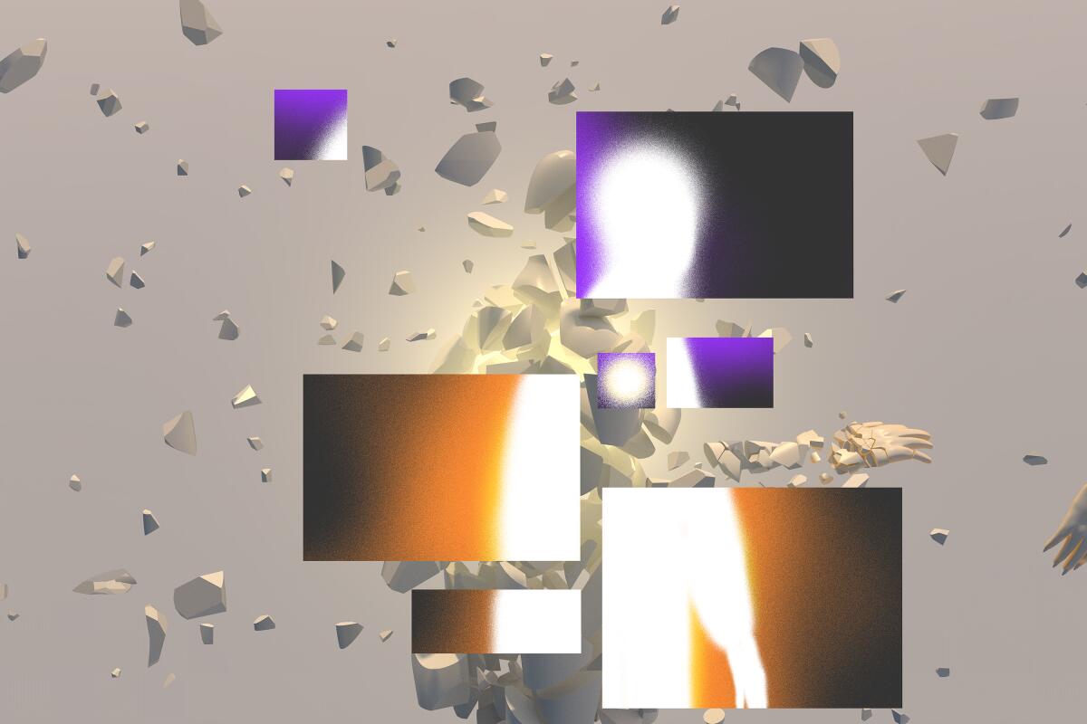 Illustration of a 3D human figure shattering with panels of a glowing figure overlapping