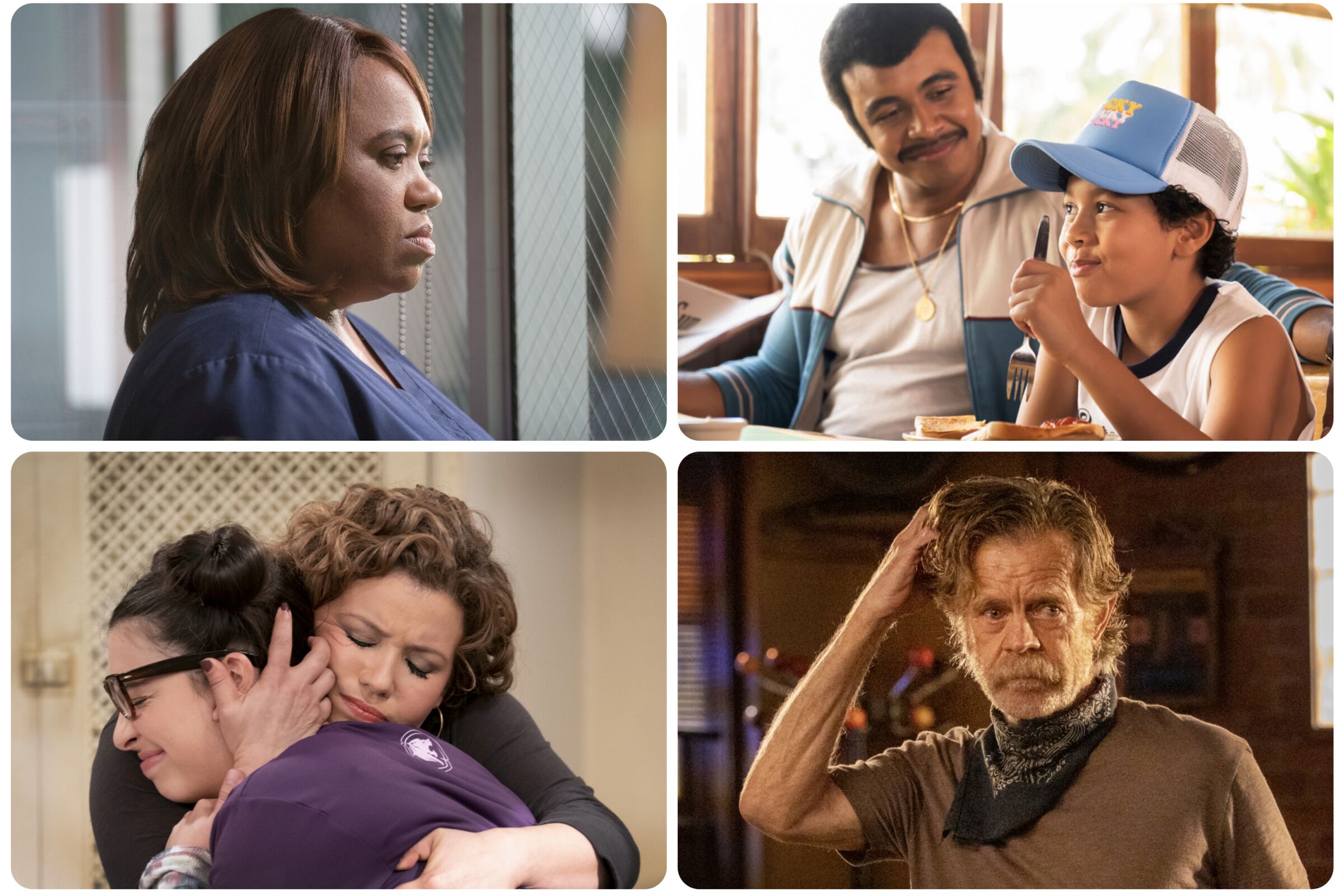 TV show stills show a woman in profile, a seated father and son, a man scratching his head and a mom hugging her daughter