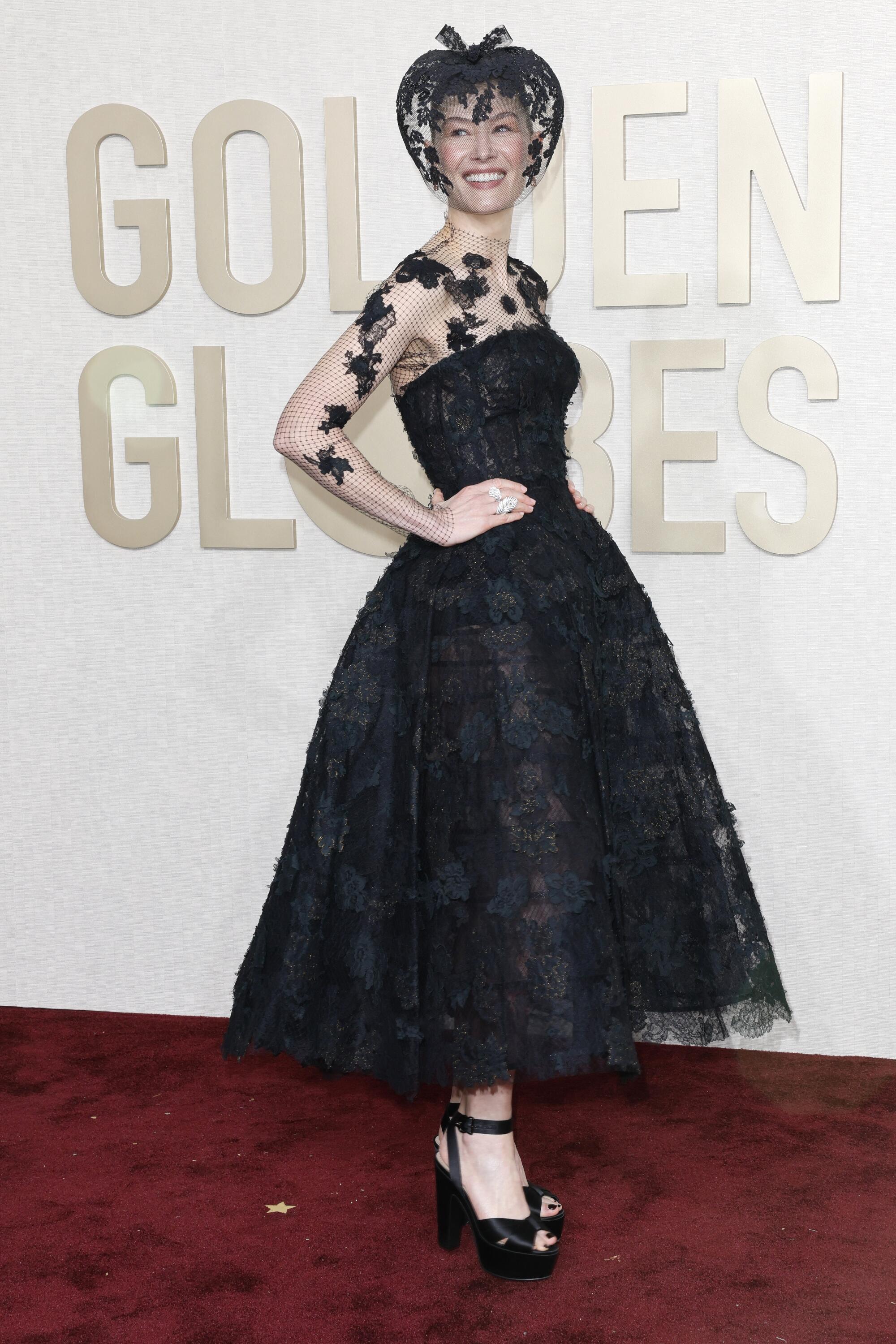 Rosamund Pike on the red carpet of the 81st Annual Golden Globe Awards held at the Beverly Hilton Hotel on January 7, 2024.