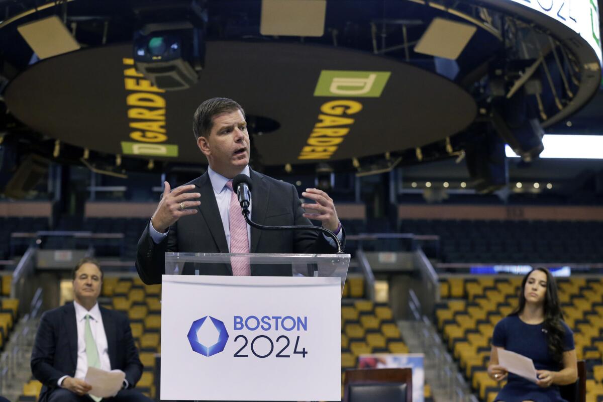 Boston Mayor Marty Walsh speaks during a news conference at the TD Garden, which could host basketball and gymnastics events during the 2024 Summer Games.