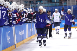 GANGNEUNG, SOUTH KOREA - FEBRUARY 14: Brian O'Neill #9 of the United States celebrates after scoring a goal.