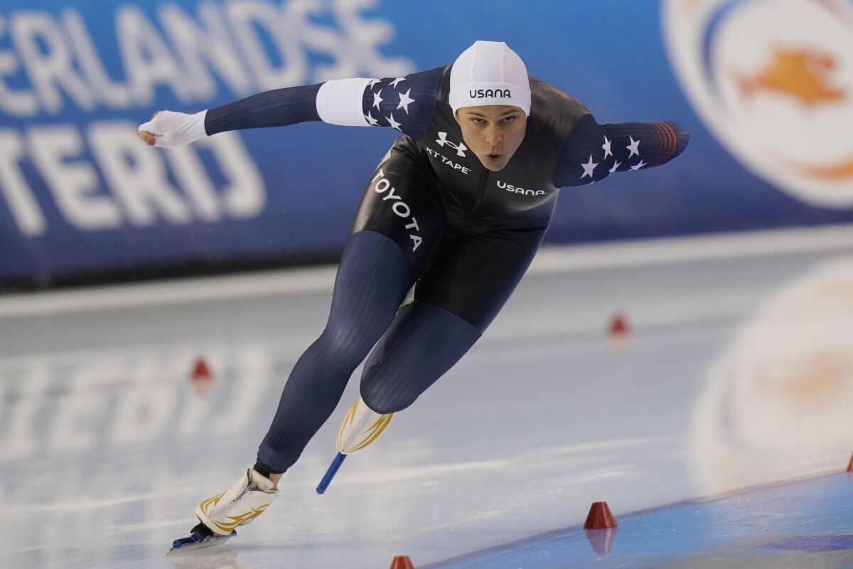 U.S. speedskater Brittany Bowe competes in a World Cup race in Kearns, Utah, on Dec. 4.
