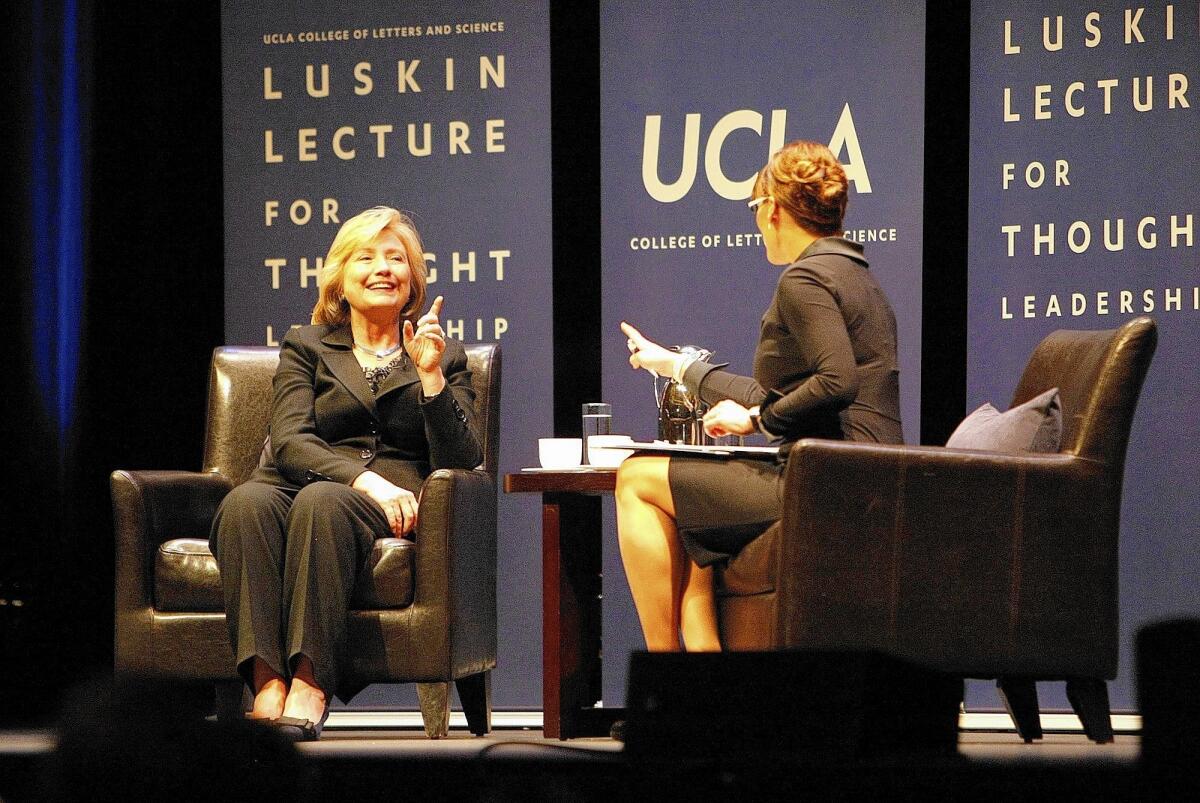 Former Secretary of State Hillary Rodham Clinton, speaking with political science professor Lynn Vavreck before an audience at UCLA, played down the comparison she had made the day before between Russian President Vladimir Putin’s recent actions in Ukraine and the tactics Adolf Hitler used in Eastern Europe.