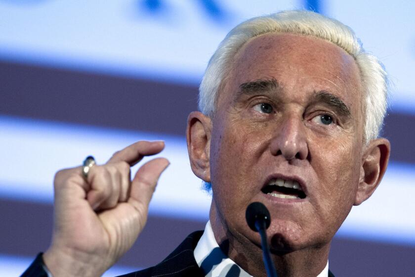 FILE - In this Dec. 6, 2018, file photo, Roger Stone speaks at the American Priority Conference in Washington. Stone, an associate of President Donald Trump, has been arrested in Florida. That's according to special counsel Robert Mueller's office, which says he faces charges including witness tampering, obstruction and false statements. Stone has been under scrutiny for months but has maintained his innocence. (AP Photo/Jose Luis Magana, File)