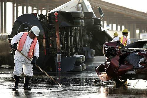 An oil tanker involved in a traffic accident spilled thousands of gallons of oil onto the eastbound lanes of the 60 Freeway forcing its closure.