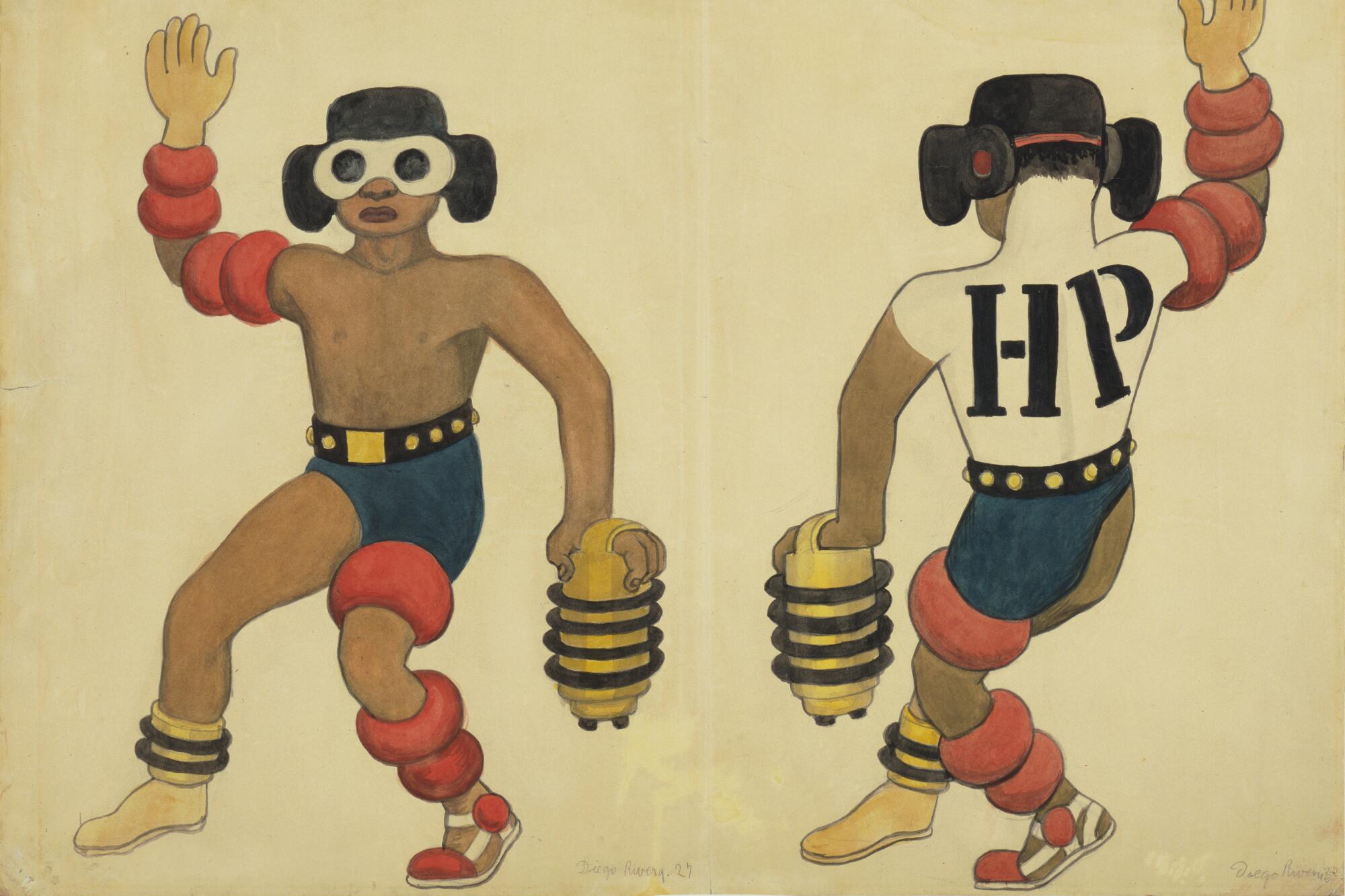 In a drawing by Diego Rivera, a dancer wears a space-age costume with rings around one leg and a hat with large lenses