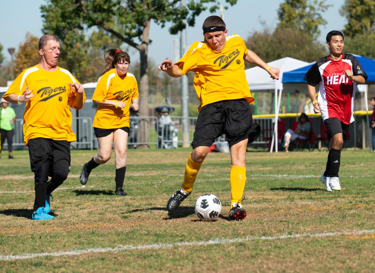 Athletes compete in a soccer match during the Special Olympics Southern California Fall Games.