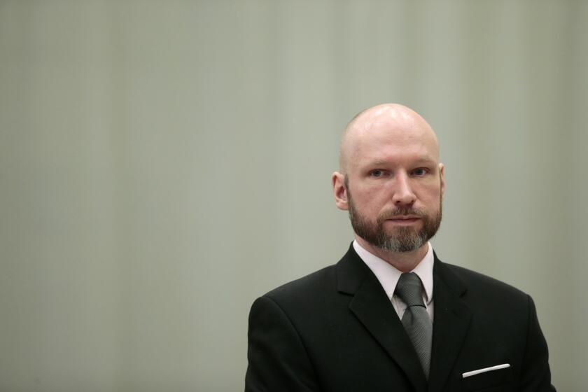 FILE - Convicted mass murderer Anders Behring Breivik looks on during the last day of his appeal case in Borgarting Court of Appeal at Telemark prison in Skien, Norway on Jan. 18, 2017. A decade after the 2011 bombing and shooting spree that left 77 dead, Breivik is seeking early release from a 21-year sentence — the maximum term in Norway. (Lise Aaserud/NTB Scanpix via AP, File)