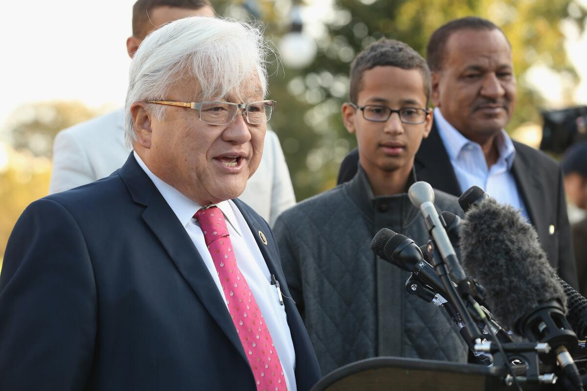 Rep. Mike Honda (D-San Jose) with 14-year-old Ahmed Mohamed at a news conference in Washington.