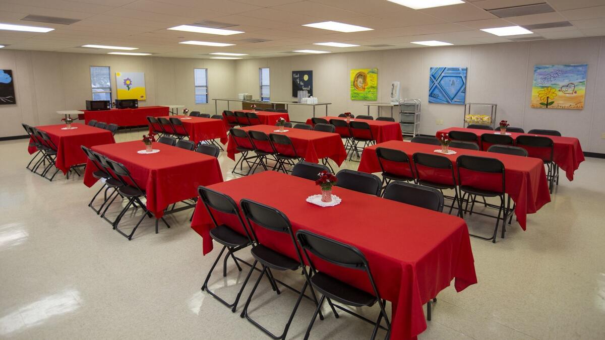 The dining area at a new 224-bed homeless shelter in Anaheim.