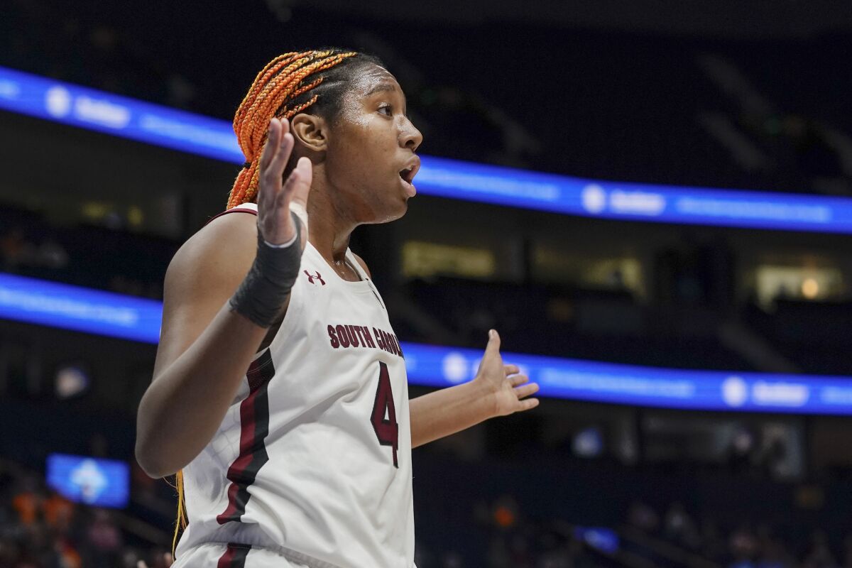 South Carolina's Aliyah Boston reacts to a foul call against her in the first half of an NCAA college basketball game against Arkansas at the women's Southeastern Conference tournament Friday, March 4, 2022, in Nashville, Tenn. (AP Photo/Mark Humphrey)