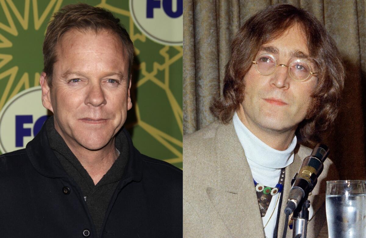 Two photos: Kiefer Sutherland in a black overcoat. John Lennon in small round glasses and a beige blazer. 