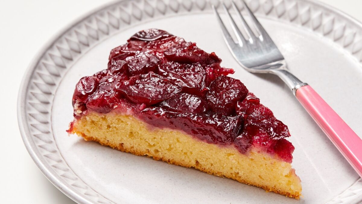 Fresh, barely cooked cherries form a fruity layer that sits atop an equally thick slab of cake, perfumed with more stone fruit flavor by the addition of almond paste.