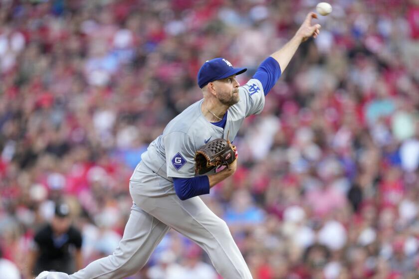 Los Angeles Dodgers pitcher James Paxton throws to a Cincinnati Reds batter.