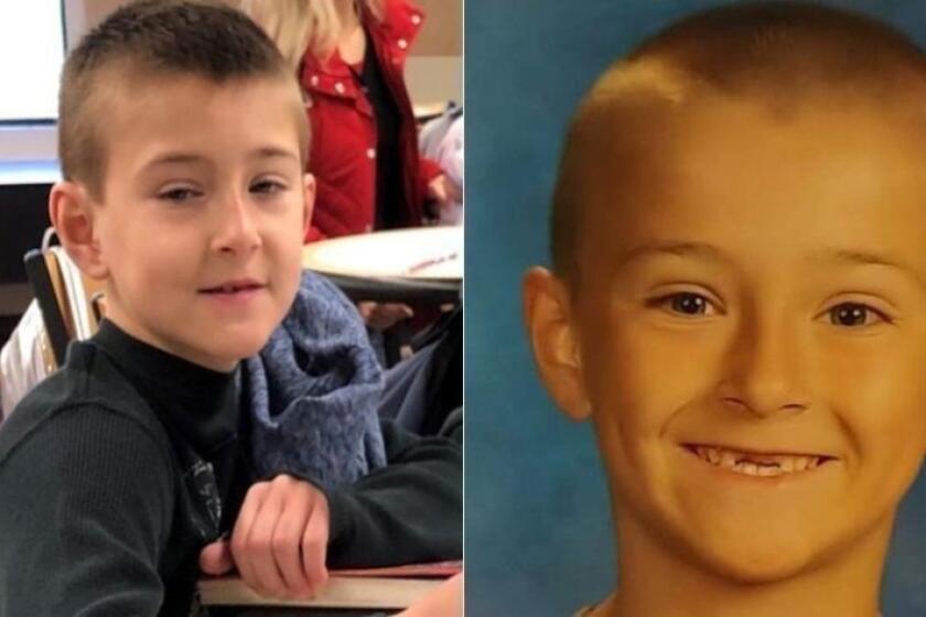 Noah McIntosh, 8, is shown in a photo released by Corona police, left, and in a family photo.