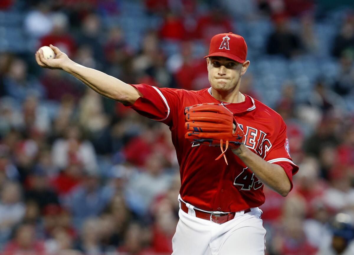 Garrett Richards pitches for the Angels against Texas on April 9 in Angel Stadium.