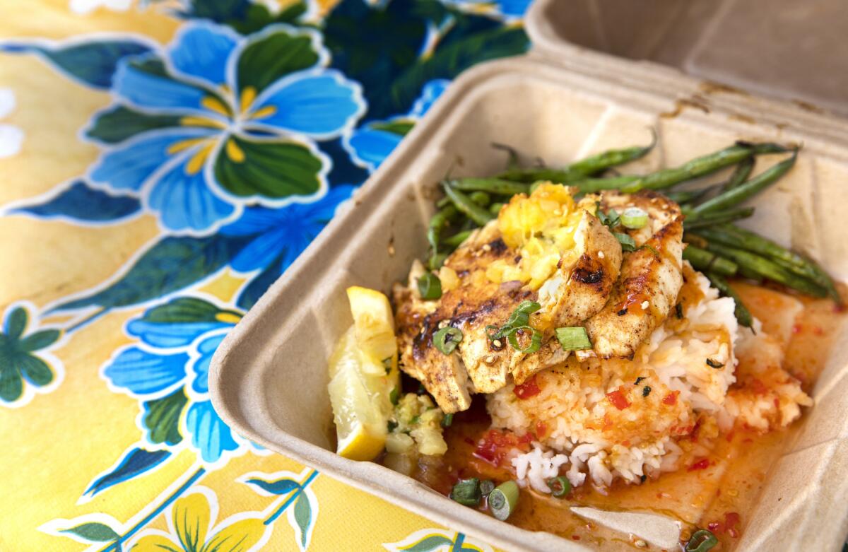 Seared fresh fish, $16, is on the menu at Da Fish Shack, a food truck located on the Road to Hana in Maui.