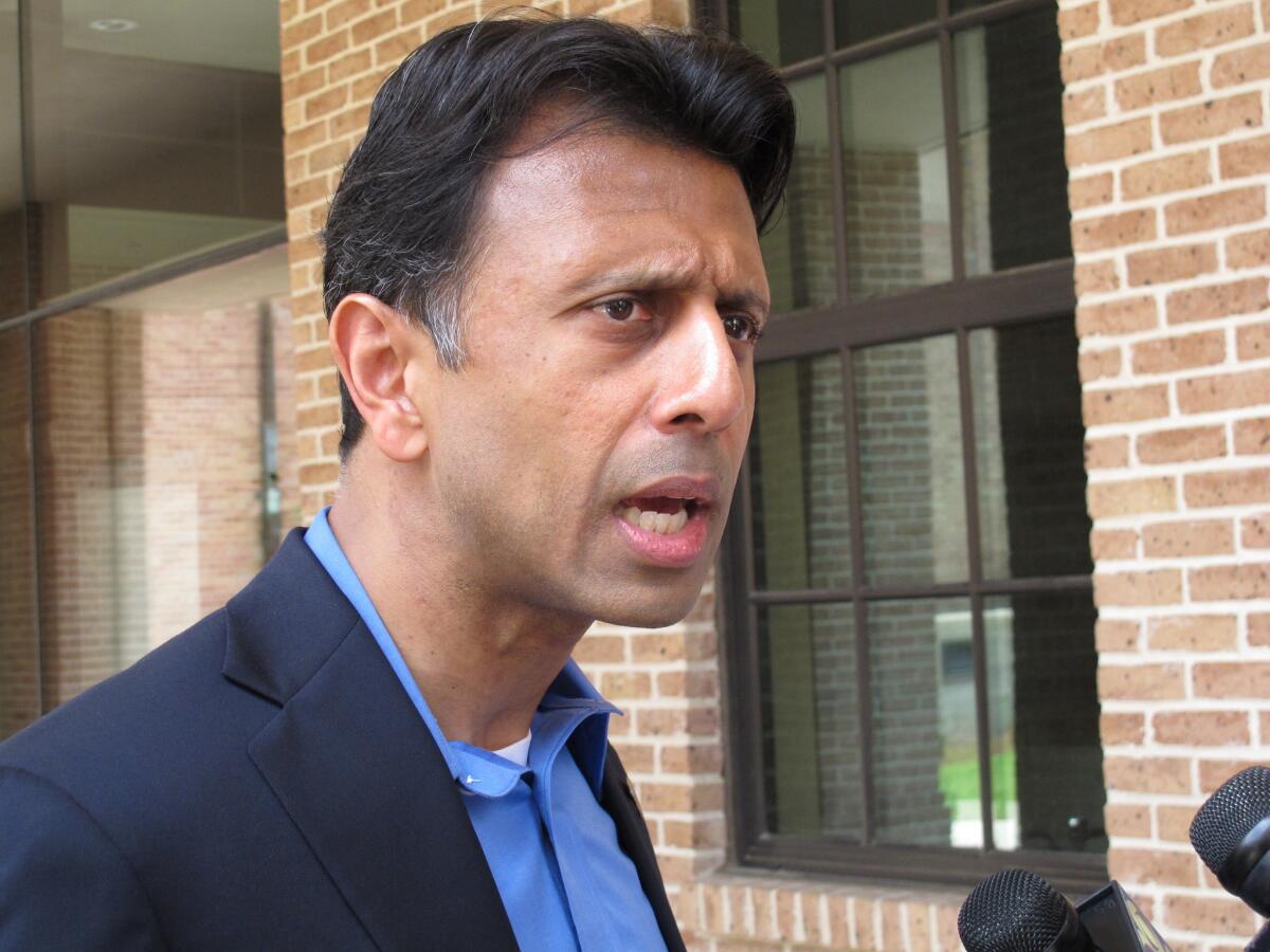 Louisianna Gov. Bobby Jindal speaks about an injunction request that his lawyer filedi n Baton Rouge. Jindal is seeking to stop the state's use of testing materials aligned with Common Core education standards.
