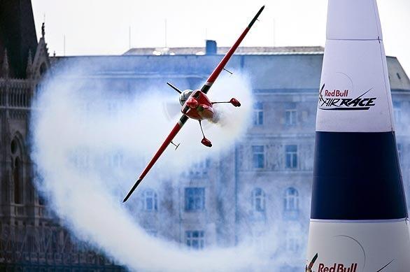 Canadian Pete McLeod performs during the third free practice session of the Red Bull Air Race World Series' fourth stage above the Danube River.
