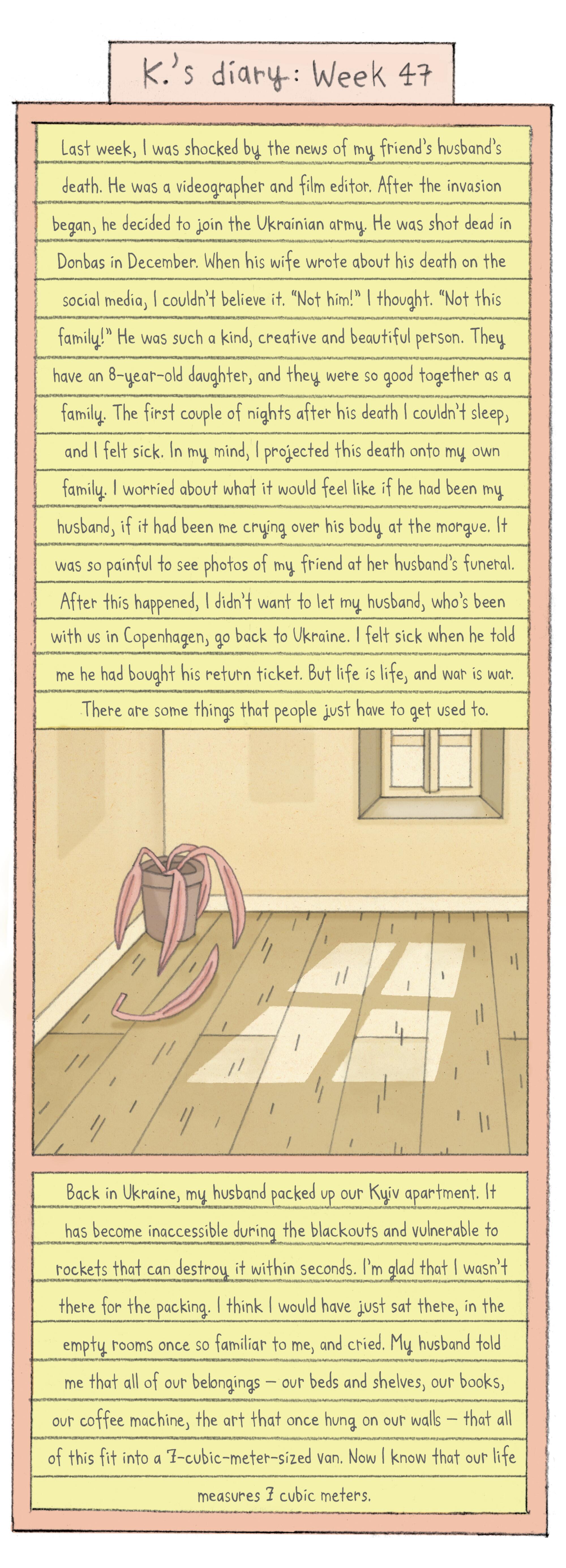 comic depicting an empty room with a dying plant. Sunlight from the window is being cast down upon a wooden floor.