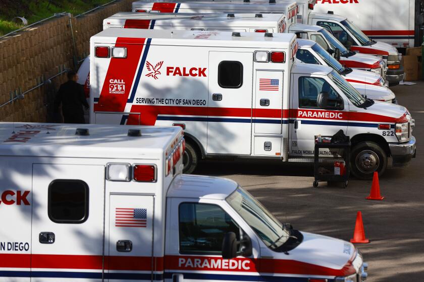 San Diego CA - February 15: Falck, San Diego's ambulance provider, might subcontract with another ambulance company after not meeting the needs of the city. Here ambulances are lined up at the company headquarters on Wednesday, February 15, 2023. (K.C. Alfred / The San Diego Union-Tribune)