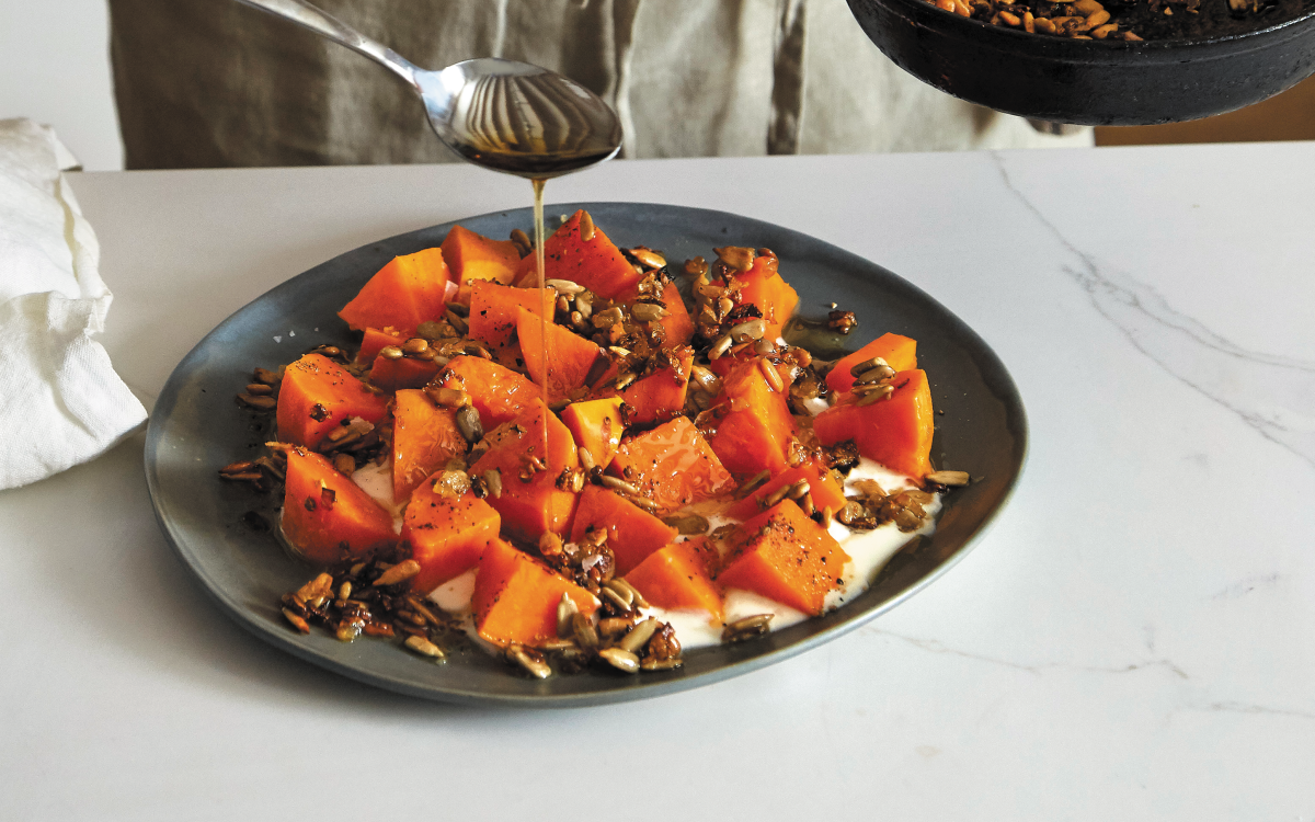 Spiced sunflower seeds and caramelized onions add punch to chilled chunks of pre-cooked sweet potatoes in this dish from "Start Simple" by Lukas Volger.