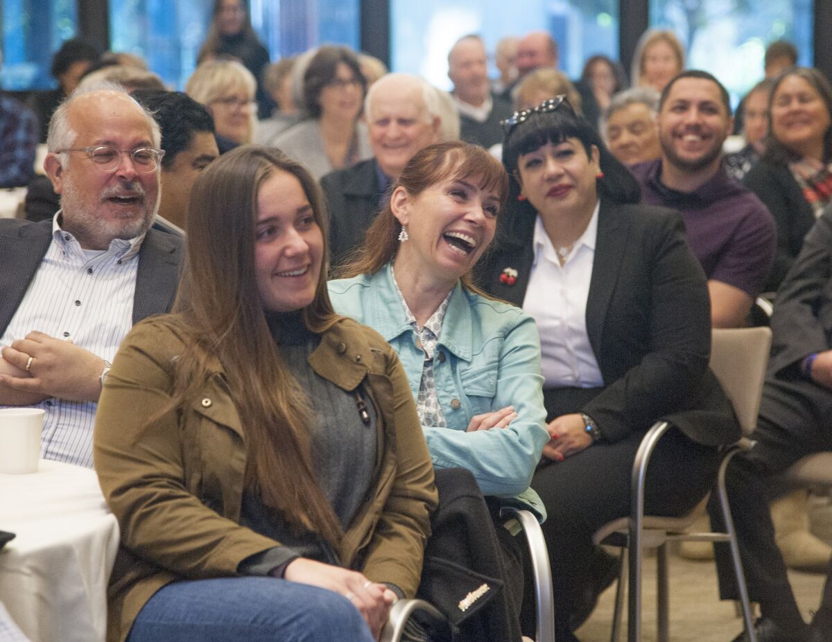 Attendees react to Father Gregory Boyle at Monday's Los Angeles Times Book Club event at the California Endowment downtown. 