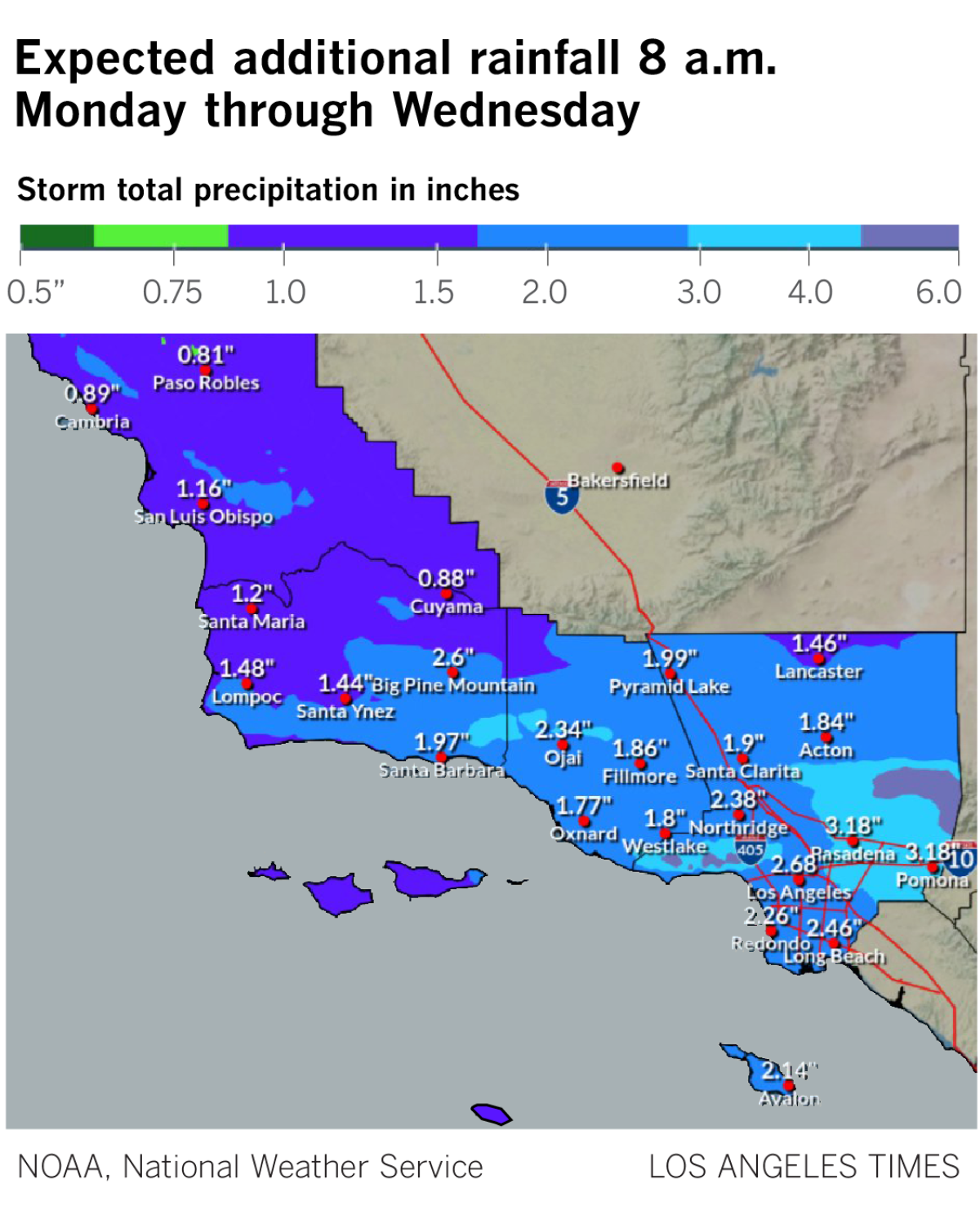 Map showing probable precipitation over California's southwest counties