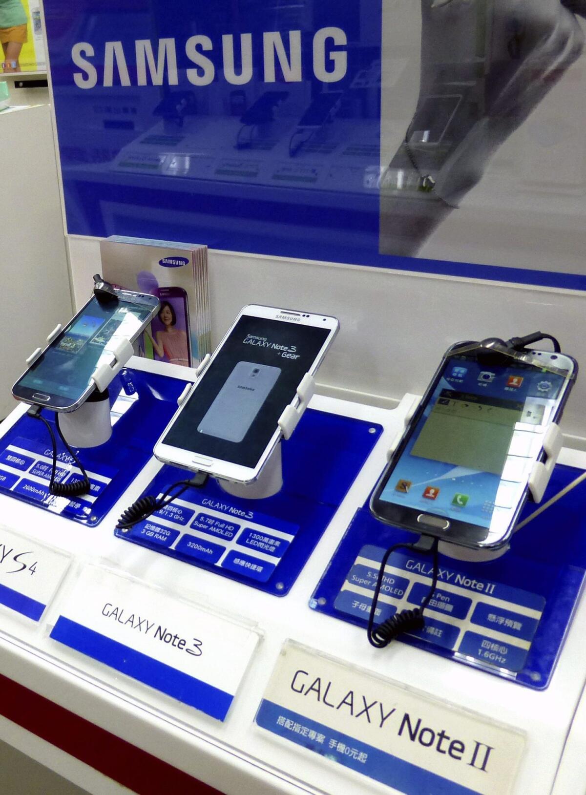 Samsung Galaxy smartphones are displayed at a shop in Taipei, Taiwan.
