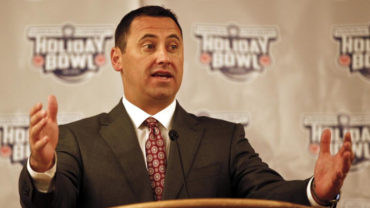 USC Coach Steve Sarkisian speaks during a Holiday Bowl news conference in San Diego on Dec. 26.