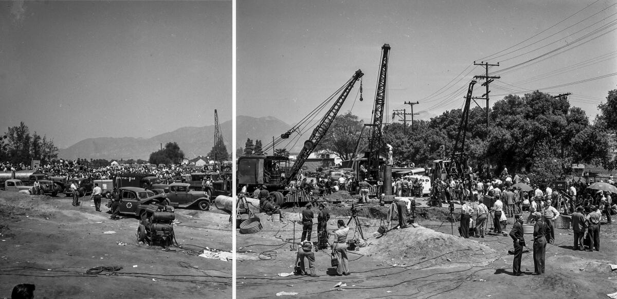 April 10, 1949: A panorama of rescue efforts in San Marino was made from two 4-by-5 negatives.