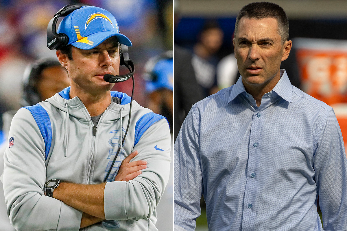 Chargers coach Brandon Staley, left, and general manager Tom Telesco side by side