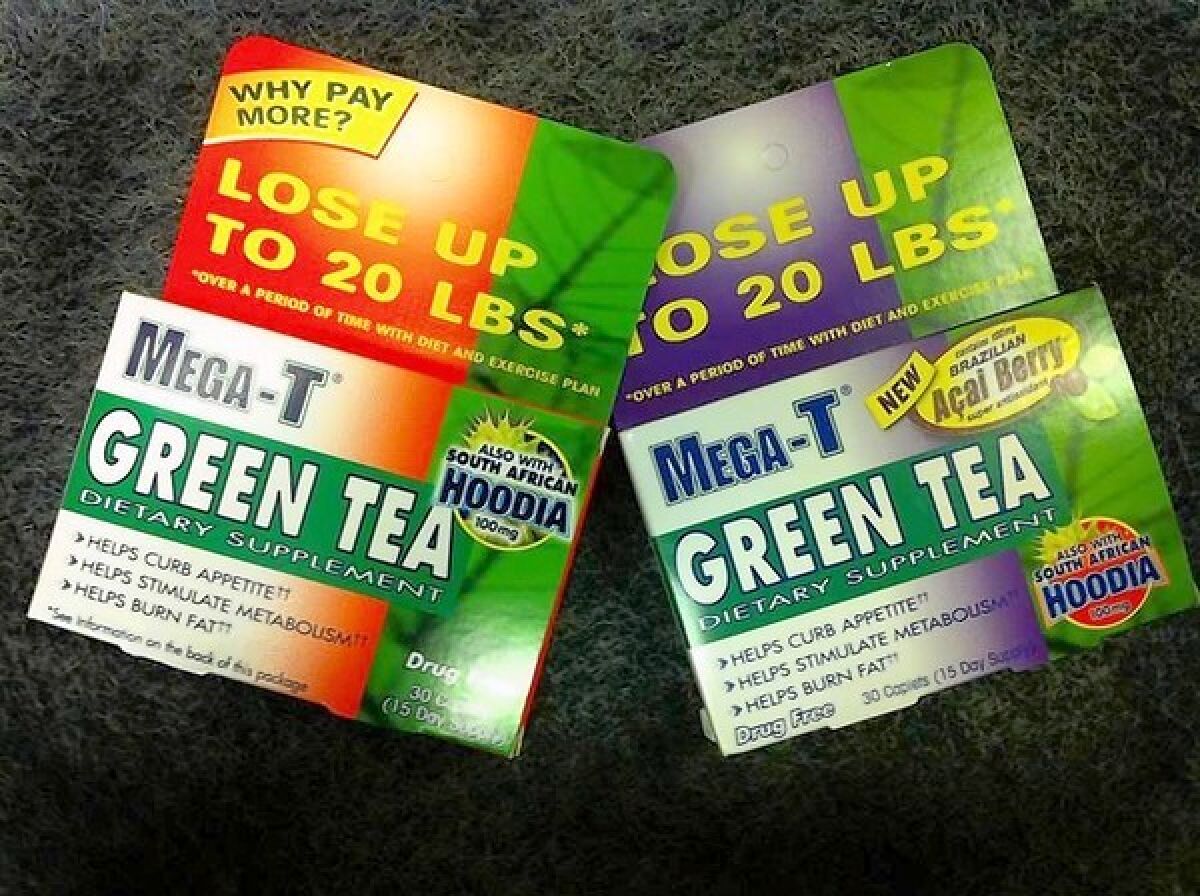 Packs of Mega-T Green Tea are shown. Such supplements don't have to prove their safety or efficacy before being sold.