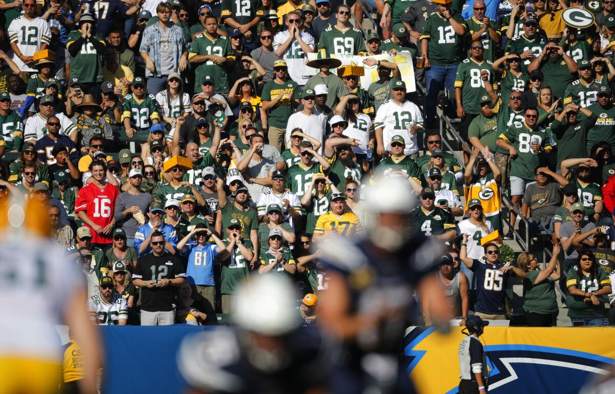 Fans of visiting teams often take over the Chargers' home stadium in Carson, as evidenced again last Sunday against the Green Bay Packers.