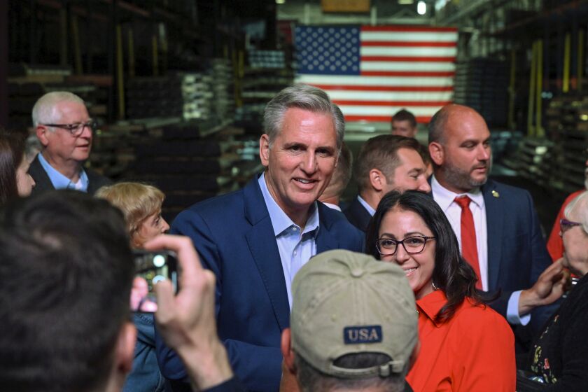 House Minority leader Kevin McCarthy, R-Calif., greets supporters at DMI Companies in Monongahela, Pa., Friday, Sept. 23, 2022. McCarthy joined with other House Republicans to unveil their "Commitment to America" agenda. (AP Photo/Barry Reeger)