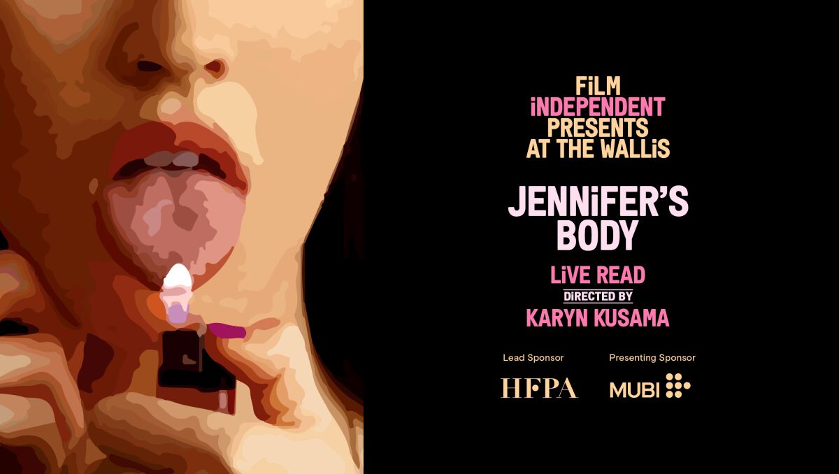 info poster for a live read of "Jennifer's Body" with illustration of person holding a lighter to their tongue