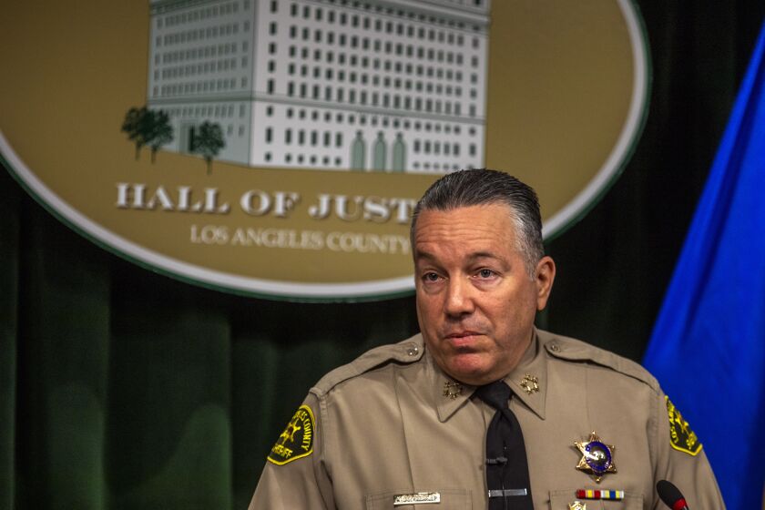 LOS ANGELES, CA - MARCH 29: During a press conference at the Hall of Justice Sheriff Alex Villanueva addresses a potential cover up after a video surfaced that shows a deputy kneeling on a man's neck on Tuesday, March 29, 2022 in Los Angeles, CA. (Francine Orr / Los Angeles Times)
