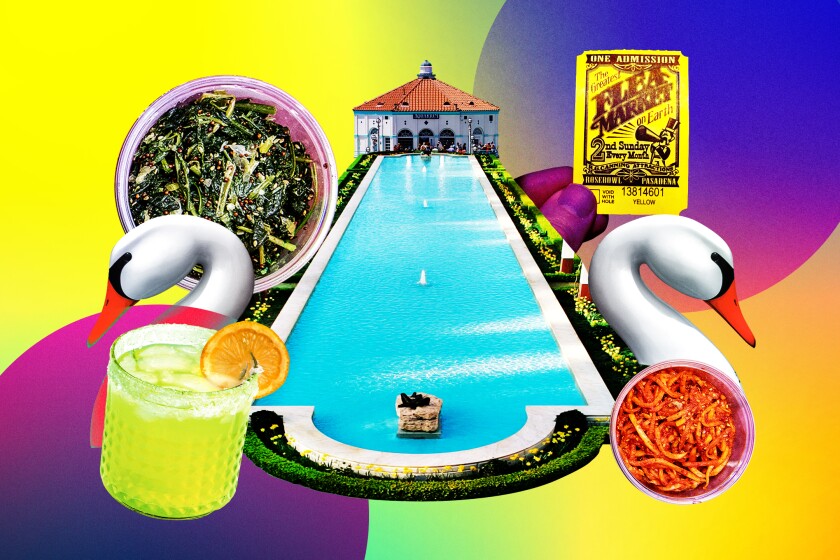 A colorful collage of food, drink, pools and swan boats.